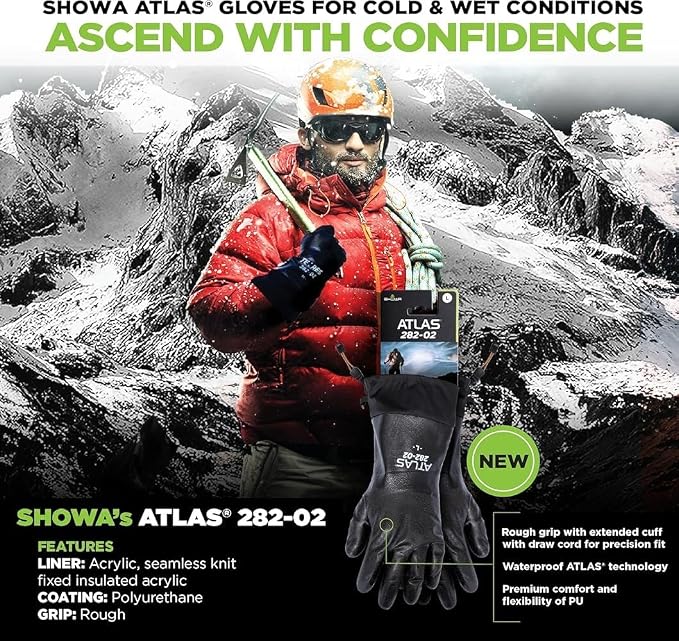 SHOWA TEMRES 282-02 Waterproof Insulated Winter Work Gloves, Breathable Polyurethane, Integrated Drawstring Gaiter Snow Cuff, Thermal Fleece for Skiing, Ice Fishing