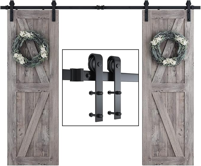 SMARTSTANDARD 9 FT Double Barn Door Hardware Kit, Sliding Door Track-Smoothly and Quietly -Includes Detailed Installation Fit 27" Wide Doorpanel (J Shape Hanger) Black