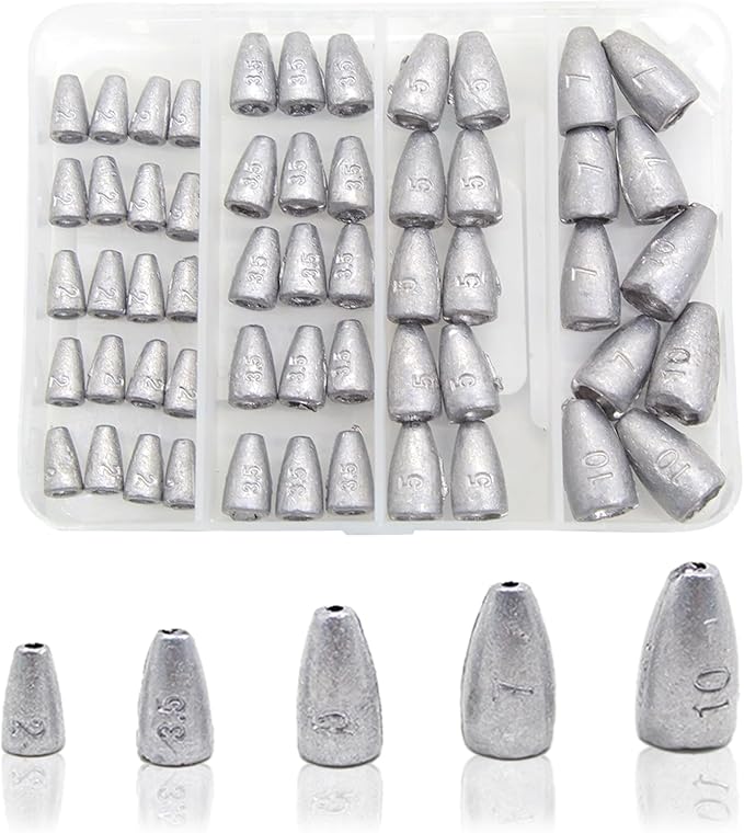Fishing Weight Sinkers, 50pcs/55pcs Lead Worm Weights Fishing Sinkers for Bass Fishing Texas Rigs(2g/3.5g/5g/7g)