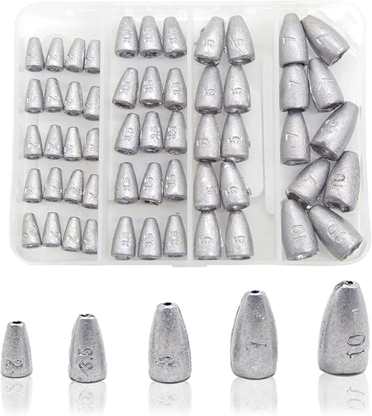 Fishing Weight Sinkers, 50pcs/55pcs Lead Worm Weights Fishing Sinkers for Bass Fishing Texas Rigs(2g/3.5g/5g/7g)