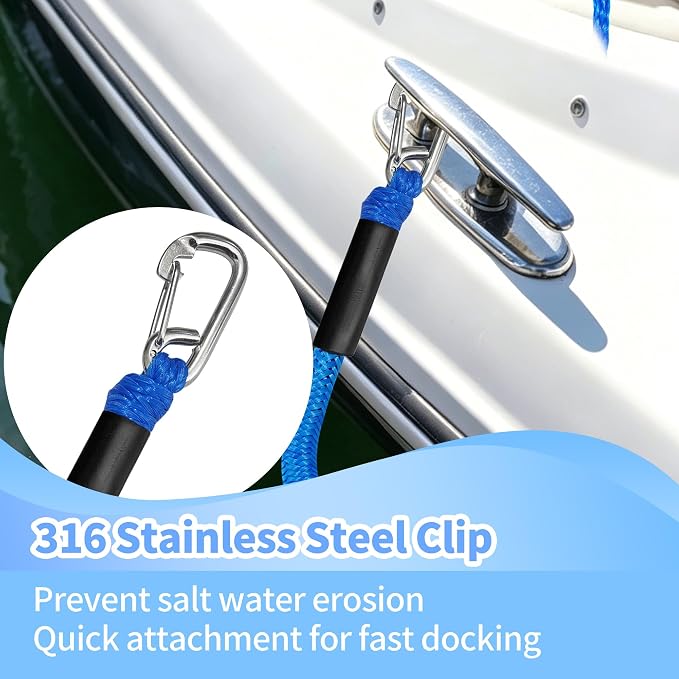 3FT Boat Dock Line Shock Absorbing Mooring Bungee Dock Lines for Boats Accessories Ideal for SeaDoo, Kayak, Pontoon, Power Boat 2PCS(Blue, 3FT-Single Clips)