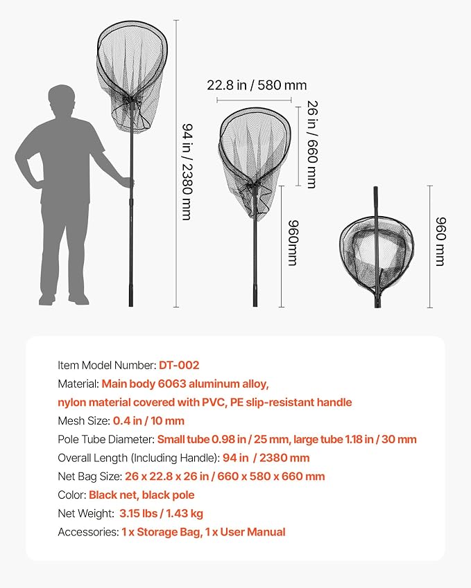 VEVOR Fishing Net, Landing Nets with Telescopic Handle Lightweight and Stronger Fish Gear, Durable and Fish-Friendly, for Kayak, Boat, Bank, Pond