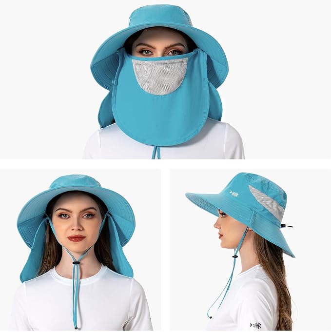 BASSDASH UPF 50+ Breathable Sun Hat with Removable Face Cover and Neck Flap Wide Brim Bucket Hat for Fishing Hiking Men Women