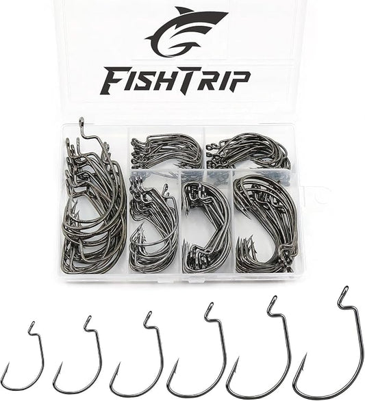 FishTrip 50/100/120pcs EWG Hooks for Bass Fishing Hooks, Extra Wide Gap Offset Worm Hook Texas Rig Fish Hooks for Bass Trout Freshwater Saltwater #4 #2 #1 1/0 2/0 3/0 4/0 5/0