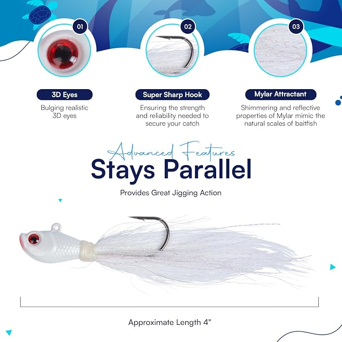 Bucktail Jigs 3 Pack – Hand-Tied Bucktail Hair Fishing Lures | Unique Gliding Head | Saltwater & Freshwater | Striper, Bass, Flounder, Walleye, Fluke | Multiple Weights Available