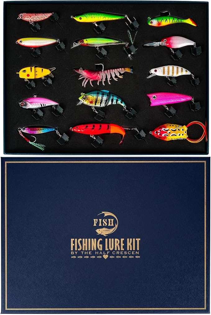 Fishing Lures Kit for Men, 15PCS Bass Fishing Lures Gift Set with Premium Gift Box, Hard & Soft Baits for Bass Trout Pike Salmon, Freshwater & Saltwater Fishing Gear Gifts