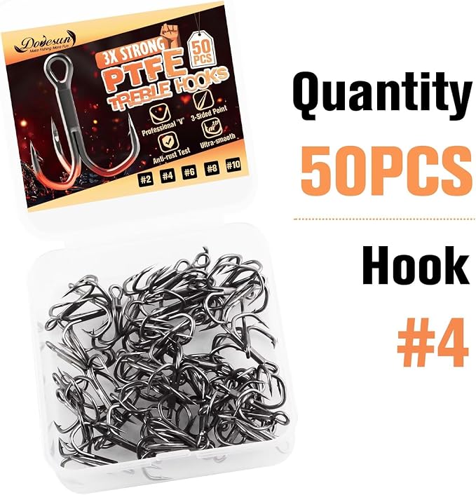 Dovesun Fishing Treble Hooks, Triple Hooks 3X Strong Professional V, 50PCS High Carbon Steel Replacement Fishing Hooks for Saltwater and Freshwater, Sizes #10#8#6#4#2