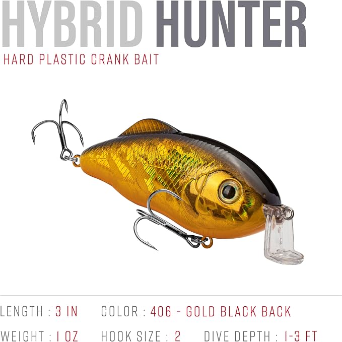 Strike King Hybrid Hunter Shallow Jr. Fishing Lure, Shallow Diving Crankbait, 90-Degree Bill, 3D Eyes, Loud Rattle, Dives 1 to 3-Feet,Size 4 & 6 Treble Hooks