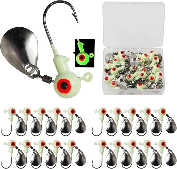 15/20/30Pcs Underspin Jig Heads with Spinner Fishing Jig Heads Hooks Set Crappie Jigs Fishing Jig Hooks Assortment Saltwater Freshwater Bass Crappie Trout Glow in The Dark…