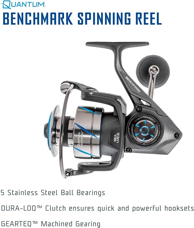 Quantum Benchmark Spinning Fishing Reel, 5+1 Bearings, Aluminum Frame, SEALOQ 6 Protection, GEARTEQ Machined Gears, CFX200 Carbon Fiber Drag, Silver/Blue
