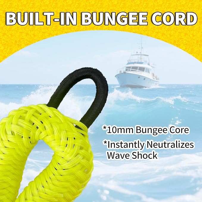 2-Pack Bungee Dock Lines for Boats with Loops, Boat Tie Downs for Docking, Adjustable Boat Mooring Rope for Pontoon, Jon Boat & PWC (Fluorescent Yellow, 4 FT)