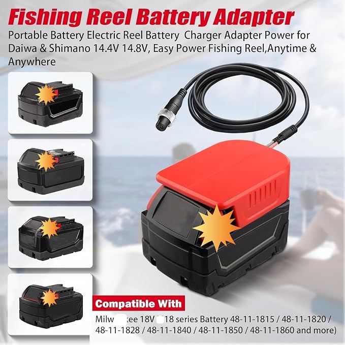 for Milwaukee M18 18V to for Daiwa/for Shimano Electric Fishing Reel Adapter, 14.4V/14.8V Converter for Tanacom/Seaborg/BeastMaster(Adapter Only)