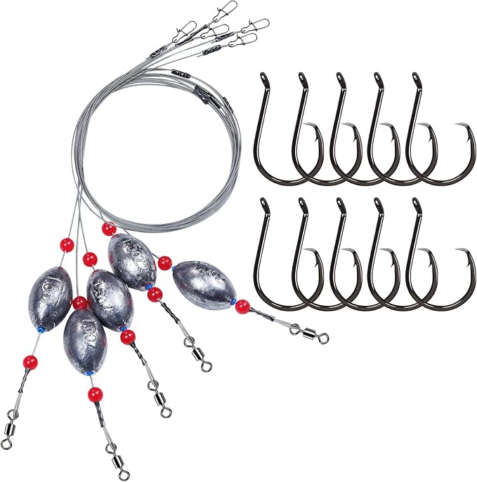 Pre-Rigged Carolina Rig Saltwater, Egg Sinker Grouper Rigs with 10 Circle Hooks, Stainless Steel Leader Fishing Wire, for Snapper Flounder Sea Bass Surf Fishing Bottom Rig