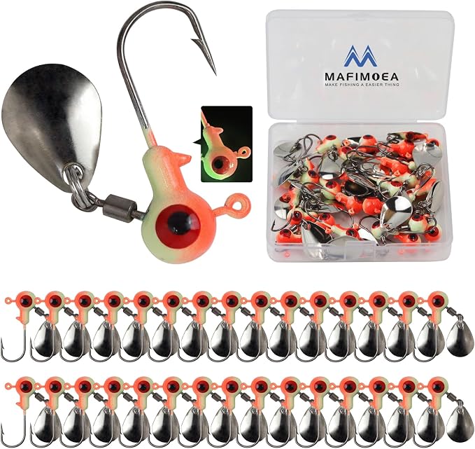 15/20/30Pcs Underspin Jig Heads with Spinner Fishing Jig Heads Hooks Set Crappie Jigs Fishing Jig Hooks Assortment Saltwater Freshwater Bass Crappie Trout Glow in The Dark…
