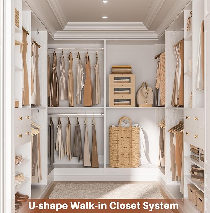 Closet System with 4 Drawers & Corner Tower, Closet Organizer System with 10 Hanging Robs, Reversible U Shaped Walk-in Closet System, Load 3600+LBS Capacity, Set of 4, White