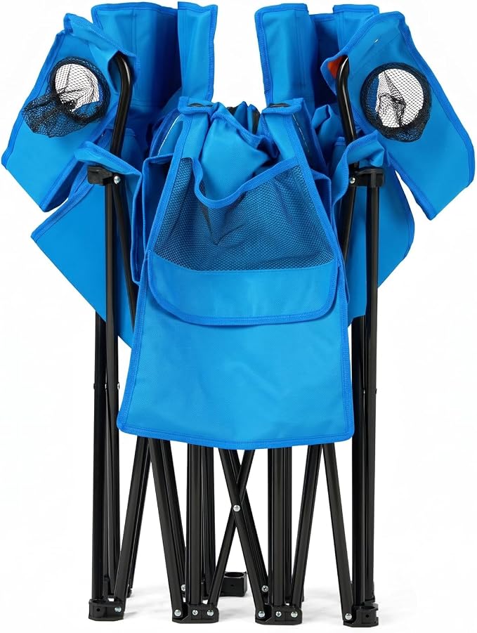 Heavy Duty Double Folding Camping Chair with Removable Adjustable Umbrella, 2 Person XL Beach Chair with Built-in Cooler Bag, Cup Holders & Side Pocket, Portable 529lbs Capacity, Blue