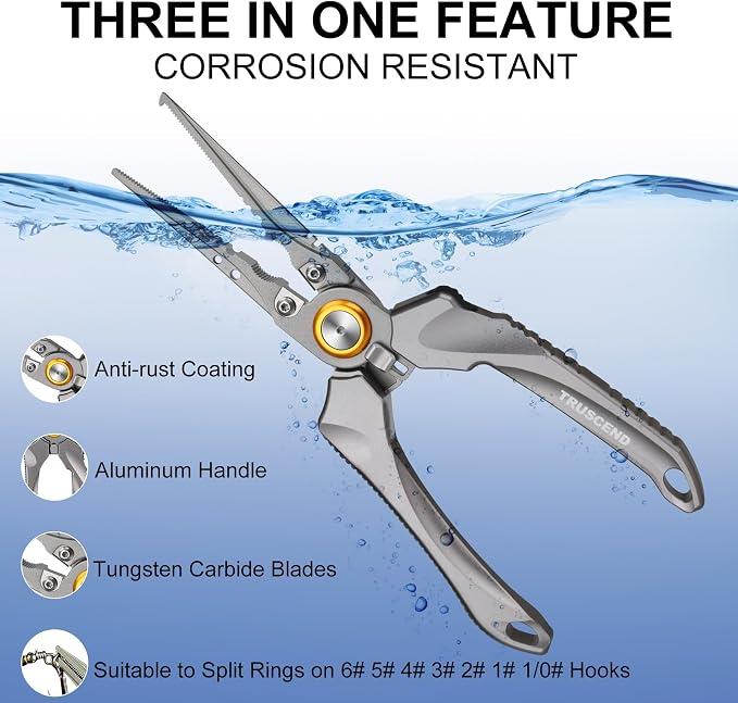 TRUSCEND Easy Use Lockable Fishing Pliers with Tungsten Carbide Cutter, Innovative Ergonomic Handy Handle, Saltwater Corrosion Resistant Teflon Coated Fishing Tool, Light Multi-Function Fishing Gear