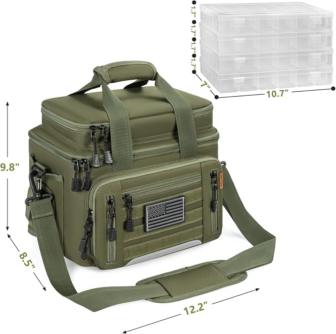 Fishing Tackle Bags with 4 * 3600 Tackle Trays - Saltwater & Freshwater Fishing Gear Bag Padded Shoulder Strap Tackle Box Bag (Green)