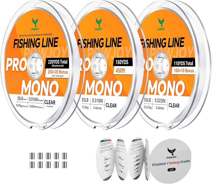 Pro Monofilament Fishing Line with Knot Instruction Cards for Multi Purpose Cost Effective, Strong Yet Thin Nylon String for Big Fishes, Tangle-Free & UV Resistant, 15/20/30/50/80LB