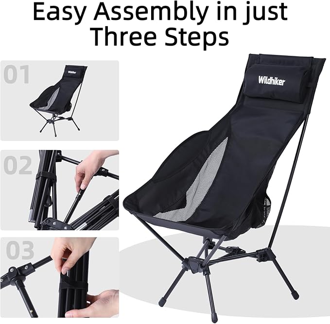 Wildhiker Portable Compact Folding Camping Chairs – Lightweight High Back with Pillow, Deep Recline, ArmPads, Side Pockets-for Motorcycle, RV, Backpacking, Travel, Festival – Black