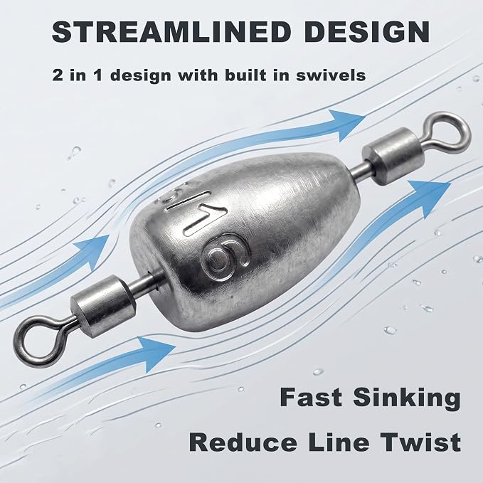 Fishing Weights with Rolling Swivel Bullet Quick Set Up Drop Shot Sinkers Streamlined Lead Fishing Sinkers for Freshwater Saltwater Catfish Bass Casting Fishing and Bottom Fishing Rigs
