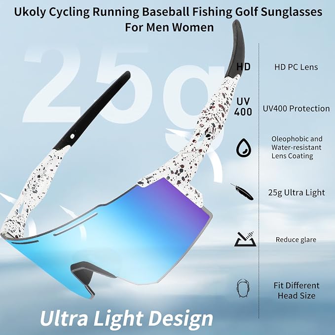 Ukoly Cycling Sunglasses for Men Women with 3 Interchangeable Lenses, Polarized Sports Sunglasses, Baseball Sunglasses