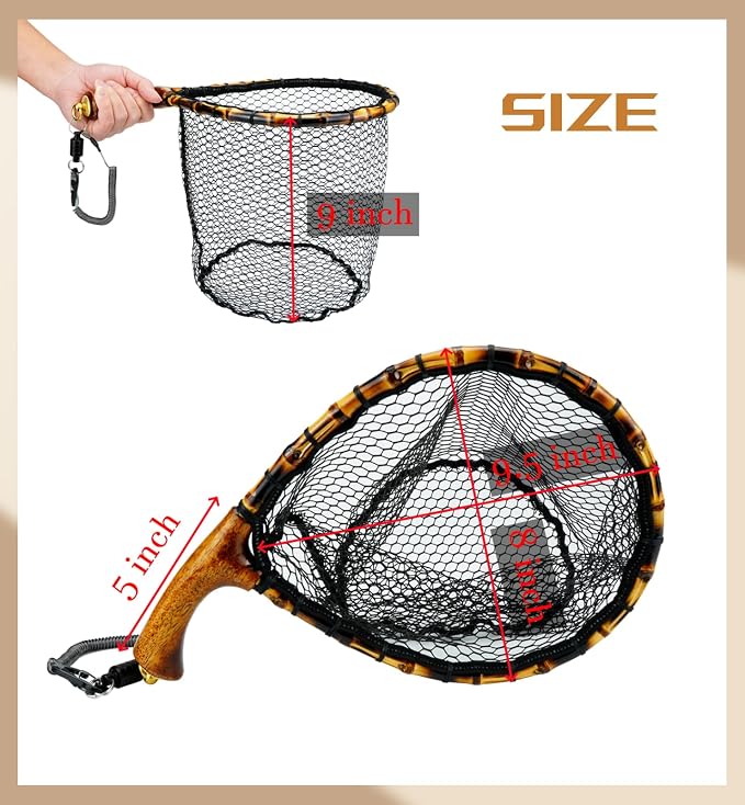 Fly Fishing Net with Release, Lightweight Trout Fishing Net with Wooden Handle Frame, Rubber-Coated Mesh Landing Nets for Minnow, Catch and Release