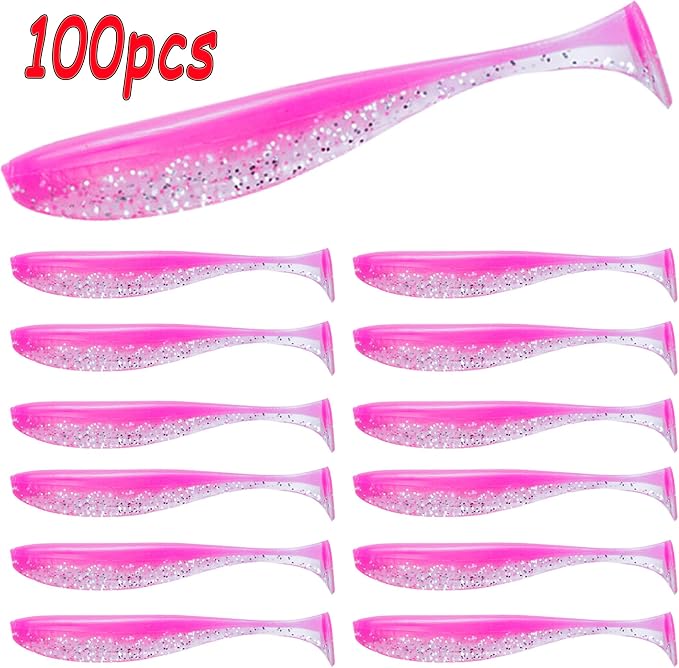 100PCS Bait Fishing Soft Plastic Lures, Soft Paddle Tail Lures for Freshwater and Saltwater Bass Lures with Box White red Green Gray Loach 2g,7cm