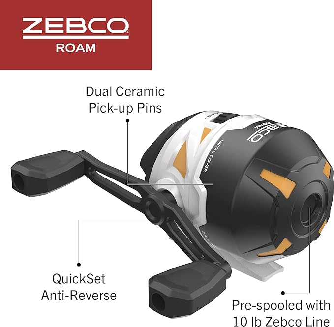 Zebco Roam Spincast Reel and Fishing Rod Combo, 6-Foot 2-Piece Fiberglass Fishing Pole with ComfortGrip Handle, Quickset Anti-Reverse Fishing Reel, Pre-Spooled with 10-Pound Zebco Line