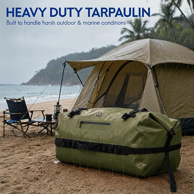 Haimont IPX7 Waterproof Roll-Top Dry Duffel Backpack | 60L/90L Sizes, 500D Tarpaulin, Welded Seams, Mesh Pockets, Boating & Kayaking