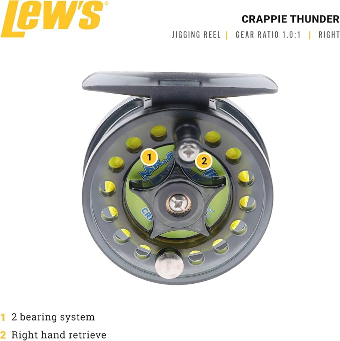 Lew's Crappie Thunder Jigging Fishing Reel, 2 Bearing System, Right-Hand Retrieve, Crappie Thunder Green