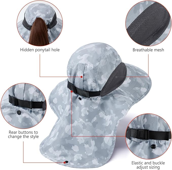 BASSDASH UPF 50+ Unisex Water Resistant Wide Brim Sun Hat with Large Neck Flap Ponytail Fishing Hat for Men Women