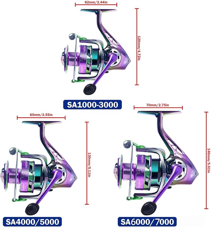 1pcs 5.2:1 Gear Ratio 6+1BB Spinning Reel - Iridescent Color-Shift Fishing Reel with Metal Spool for Long Cast & Saltwater