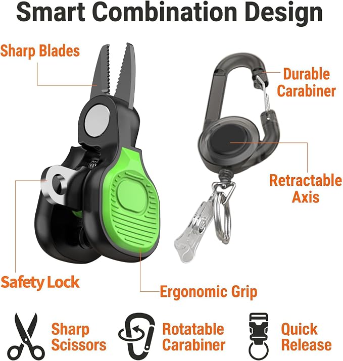 2 Pack Mini Fishing Scissors & Gentle-Return Keychain, Upgrade Fishing Line Cutters with Smooth Lock, Braided Fluorocarbon Line Cutter, Compact Stainless Steel Snips Fishing Clippers Rust-Resistant