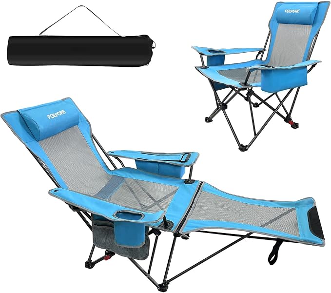 Reclining Camping Chair 4 Position with Foot Rest Comfortable for Adults 265Ibs Folding Lounger Mesh Beach Chair with Cooler Bag and Cup Holder for Outdoor Patio