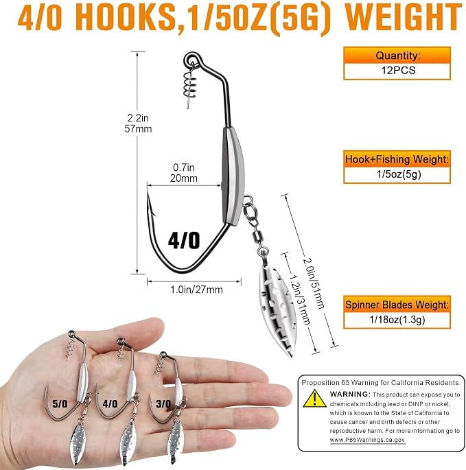 Dovesun 12PCS/44PCS Weighted Swimbait Hooks Weighted Fishing Hooks Saltwater Freshwater Worm Weedless Hooks for Bass Fishing 3/0 4/0 5/0