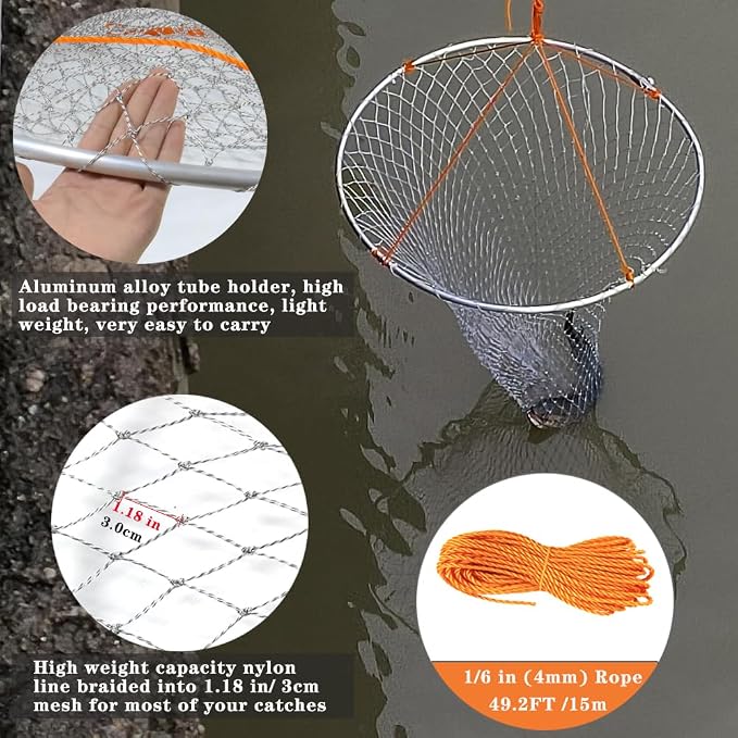 Drasry Foldable Bridge and Pier Fishing Landing Net - High Load-Bearing Aluminum Ring Drop Net for Saltwater Freshwater - Collapsible Basket With 49.2 FT Rope