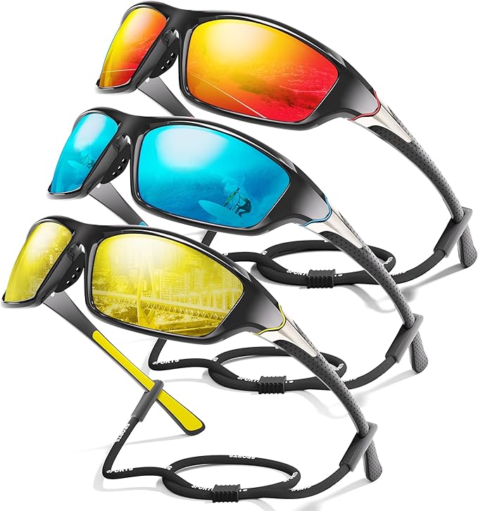3 Pack Polarized Sports Sunglasses for Men, Mens Sunglasses Wrap Around UV Protection for Cycling Fishing Driving