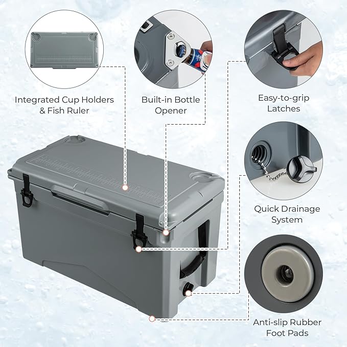 Goplus Hard Cooler, Insulated Ice Chest w/Portable Handles, Cup Holders, Ruler, Bottle Opener, 6 Day Ice Retention for Drink, Beverage, Camping, Fishing, Beach
