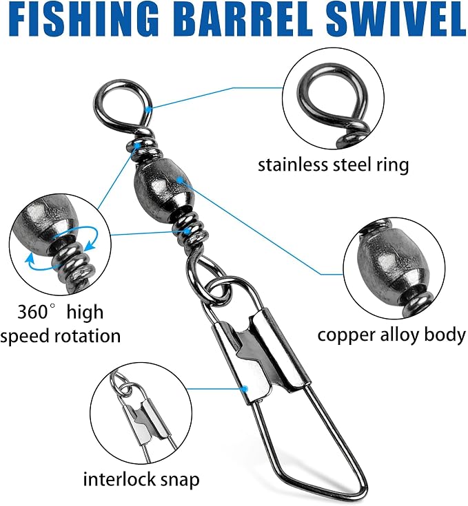 Barrel Swivel Snaps,50/100pcs Fishing Swivel Safety Snaps Stainless Steel Copper Swivel Fishing Multiple Size Black/Gold Fishing Swivel Snaps for Saltwater Freshwater