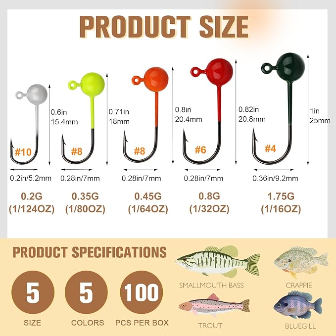 Dovesun 100pcs Fly Tying Jigs Kit, Jig Heads for Fly Fishing 1/124oz 1/80oz 1/64oz 1/32oz 1/16oz Jig Head Small Fly Fishing Hooks DIY Lure Making Kit Suit for Tying Flies | Crappie Lures