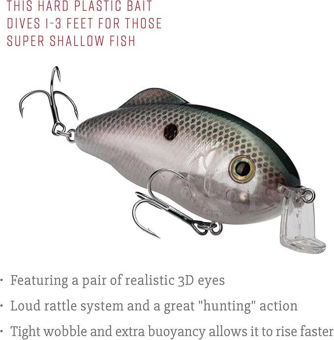 Strike King Hybrid Hunter Shallow Jr. Fishing Lure, Shallow Diving Crankbait, 90-Degree Bill, 3D Eyes, Loud Rattle, Dives 1 to 3-Feet,Size 4 & 6 Treble Hooks