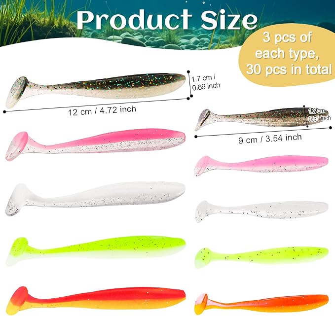 30pcs Soft Plastic Fishing Lures Paddle Tail Swimbaits Soft Baits Lure for Bass Crappie Trout Shad Freshwater Saltwater Fishing Mixed 3.5 Inch 4.7 Inch Swim Bait Kit with Box