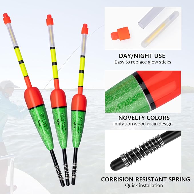 QualyQualy Lighted Fishing Slip Bobber 4-5Pcs Wood/EVA Fish Float + 8-10Pcs Glow Sticks, Night Fishing Light Up Slip Bobber for Crappie Bass Panfish Catfish Walleye