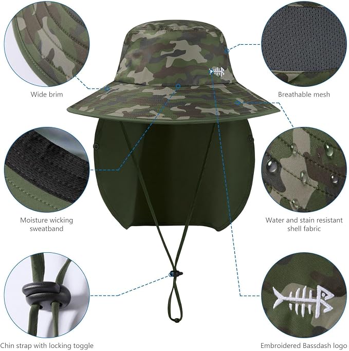 BASSDASH UPF 50+ Breathable Sun Hat with Removable Face Cover and Neck Flap Wide Brim Bucket Hat for Fishing Hiking Men Women