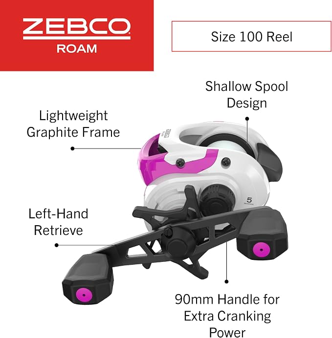 Zebco Roam Baitcast Reel and Fishing Rod Combo, 6-Foot 6-Inch 2-Piece Fiberglass Fishing Pole with Split-Grip MaxTac Rod Handle, Lightweight Graphite Frame, Right-Hand Retrieve