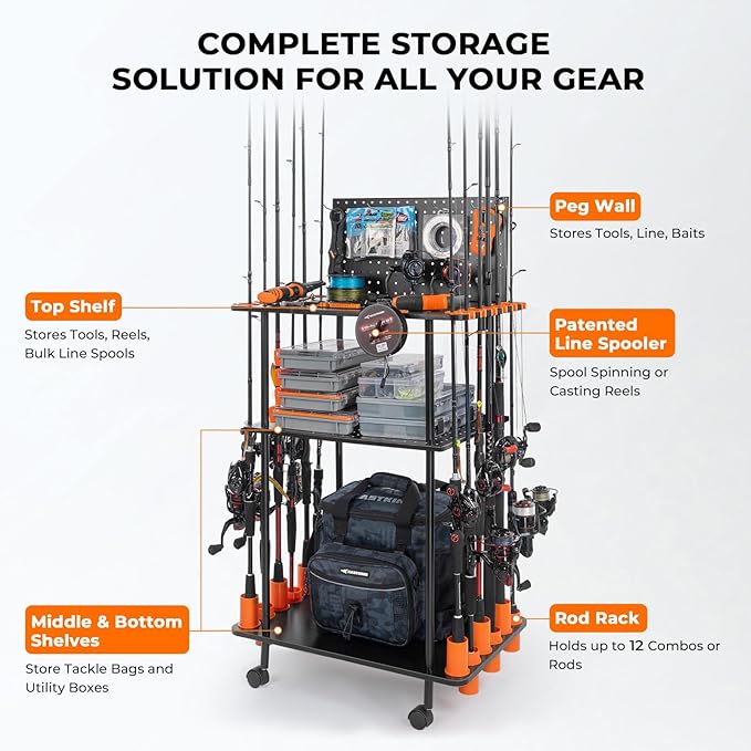 KastKing V12 Gear Trolley, Indoor Fishing Rod Holder for 12 Combos, 3-Tier Fishing Rod Rack With Peg Wall, Patented Built-in Line Spooler, Mobile Tackle Storage Cart With Locking Wheels
