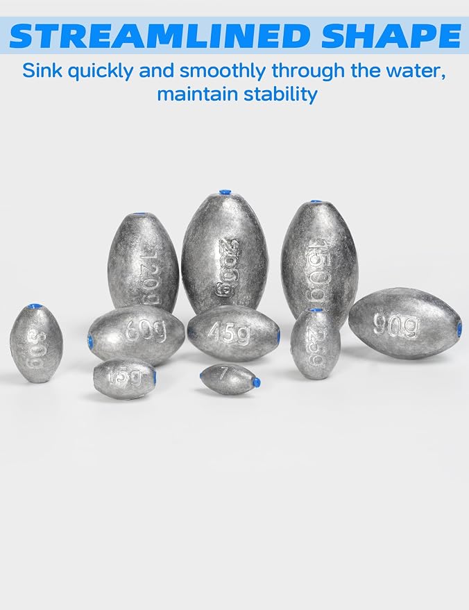 BLUEWING Egg Sinkers Fishing Weights Oval Shaped Fishing Sinkers Lead Fishing Sinker for Saltwater Fishing，1/8 oz to 7 oz