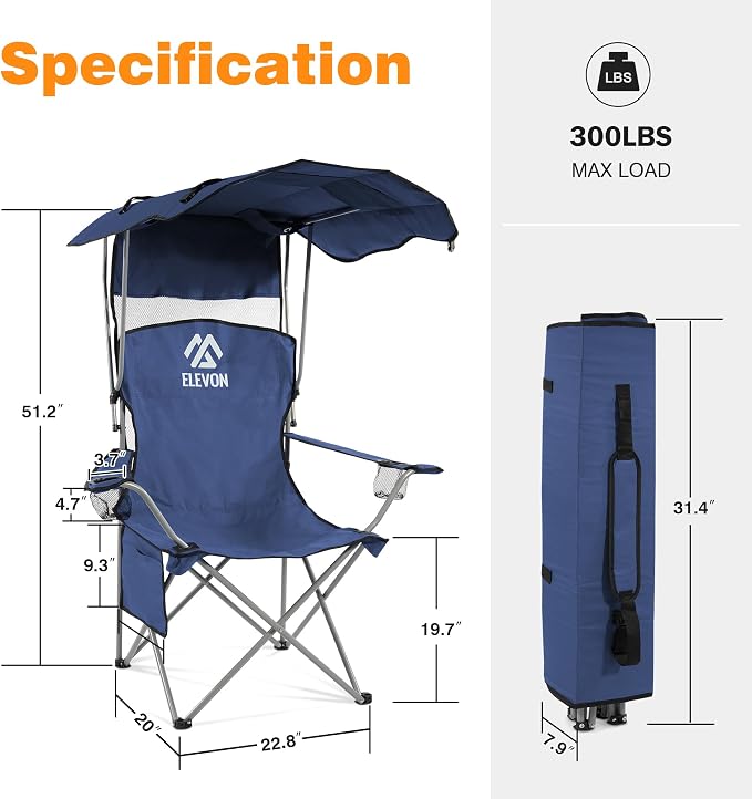 Elevon Camping Chair, Oversized Folding Chair with Canopy, Portable Outdoor Chair with Arms, Cup Holder and Carry Bag for Camping, Fishing, Beach, and Sports, Navy Blue
