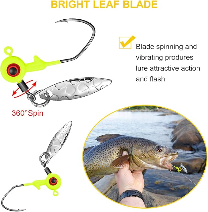 Skylety 15 Pcs Fishing Jig Heads Kit Fishing Lures Crappie Jig Road Heads Hook with Spinner Plastic Box for Freshwater Runner Bass